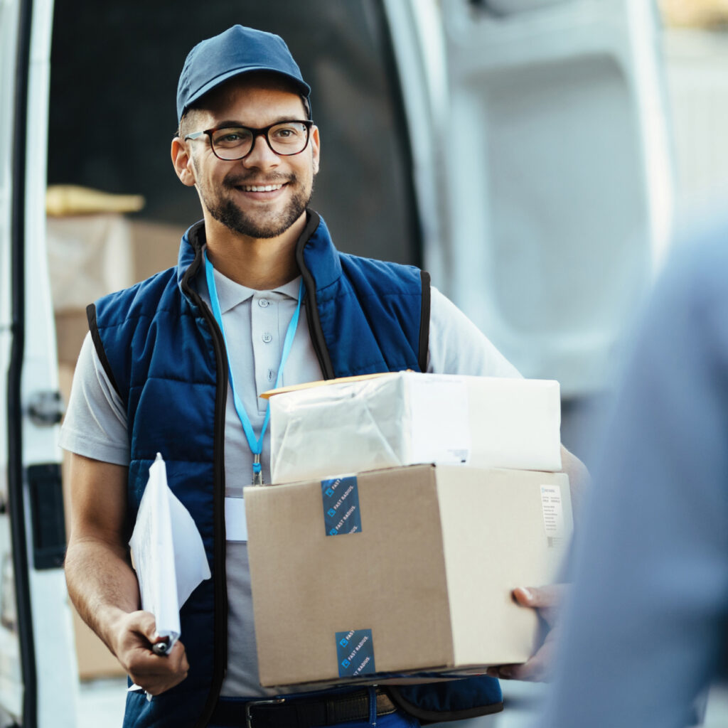 Delivery man holding packages