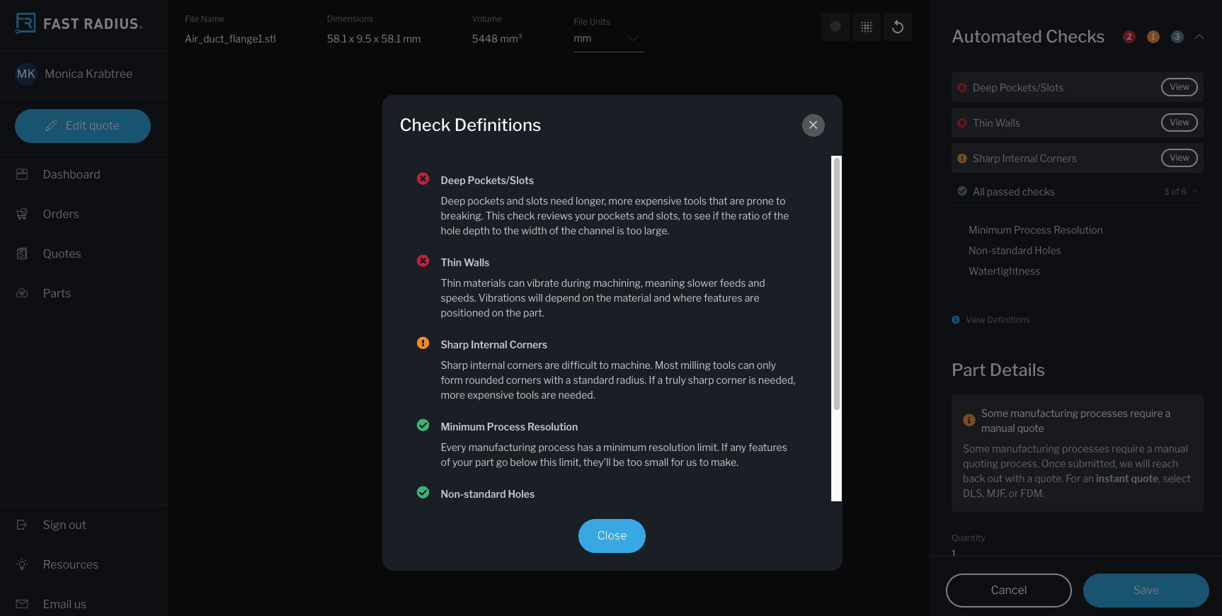 fast radius quoting system check definitions