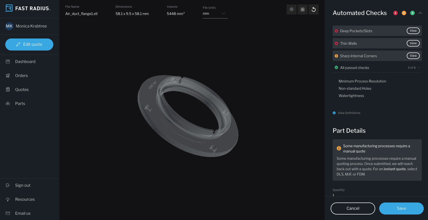 fast radius quoting system part details